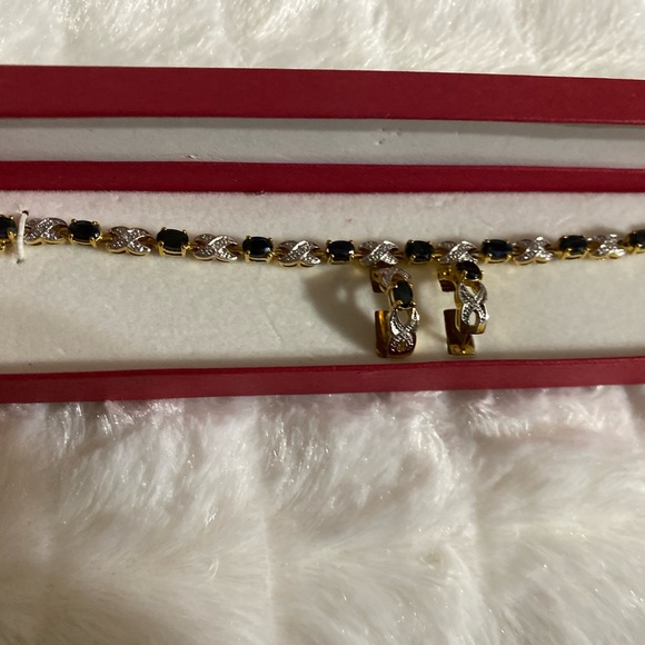 New in Box, Sapphire Blue Pave X Bar CZ Bracelet with matching earrings - Picture 2 of 5